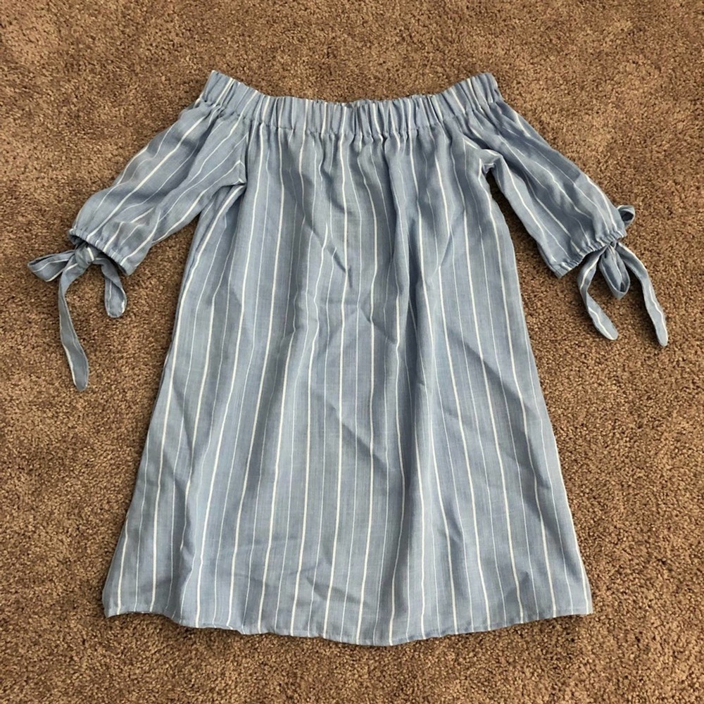 Love University Off Shoulder Stripe Chambray Dress